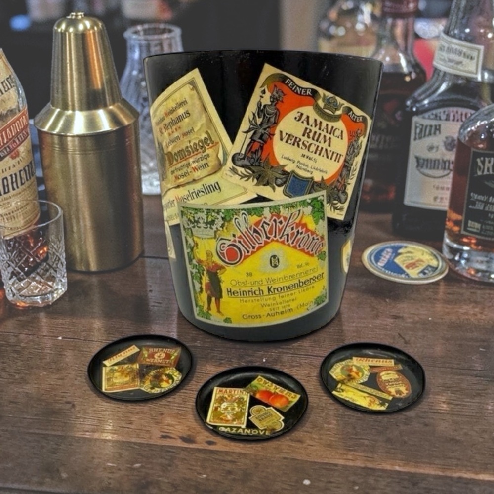 MidCentury W German Alcohol Label Decoupage Enameled Champagne Bucket & Coasters